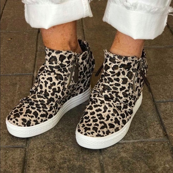 Leopard canvas wedge sneakers